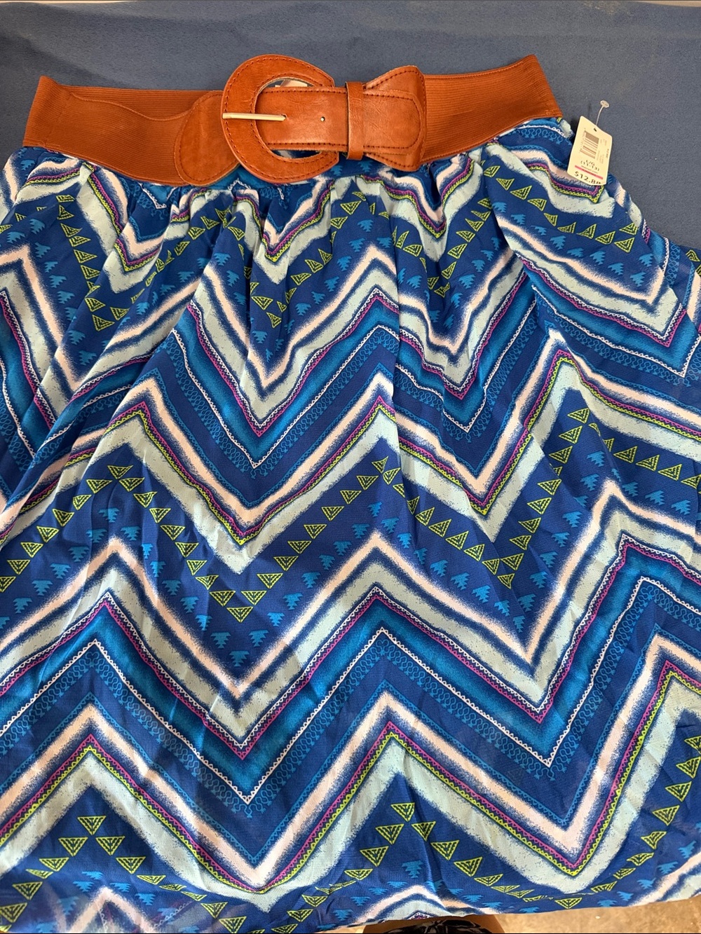 No Boundaries Blue Chevron Skirt with Brown Belt Accent